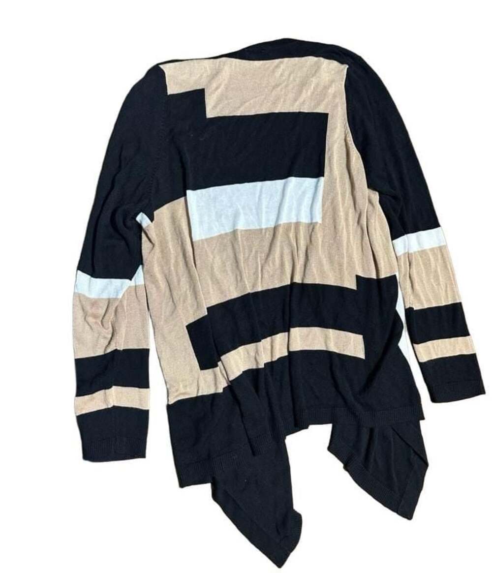 VIP knit by Avenue Colorblock Open Front Cardigan Sweater Black Tan White - Picture 3 of 3